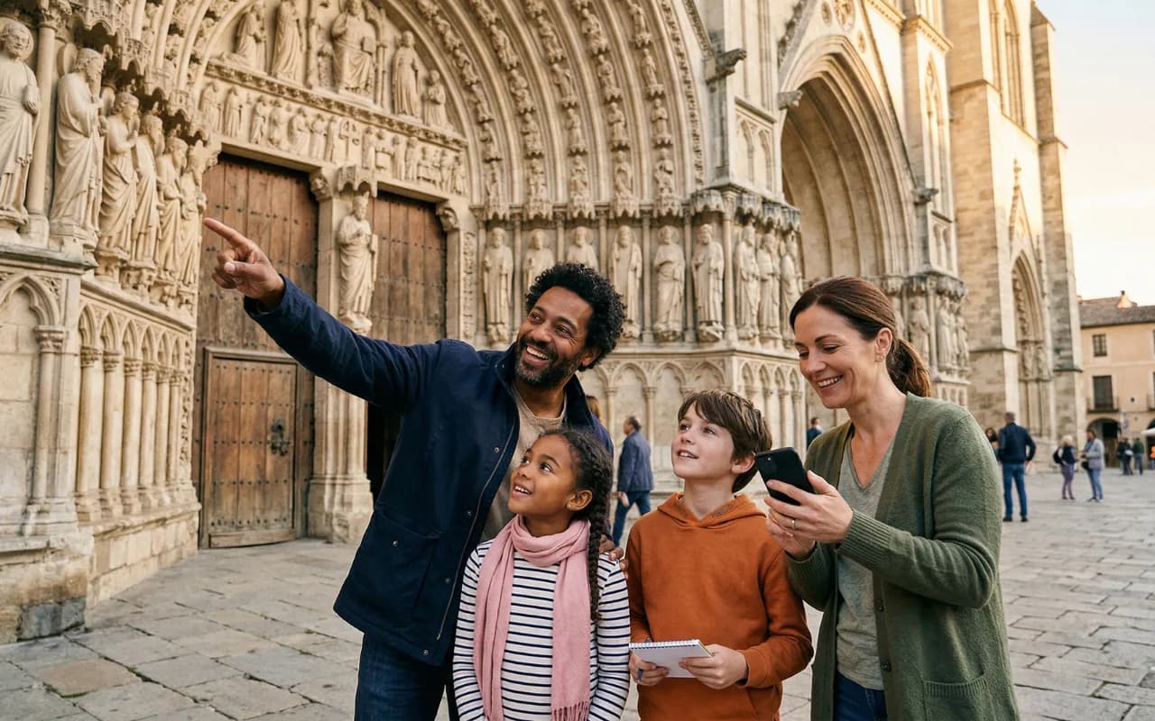 Famille jouant ensemble à un escape game outdoor dans une ville historique