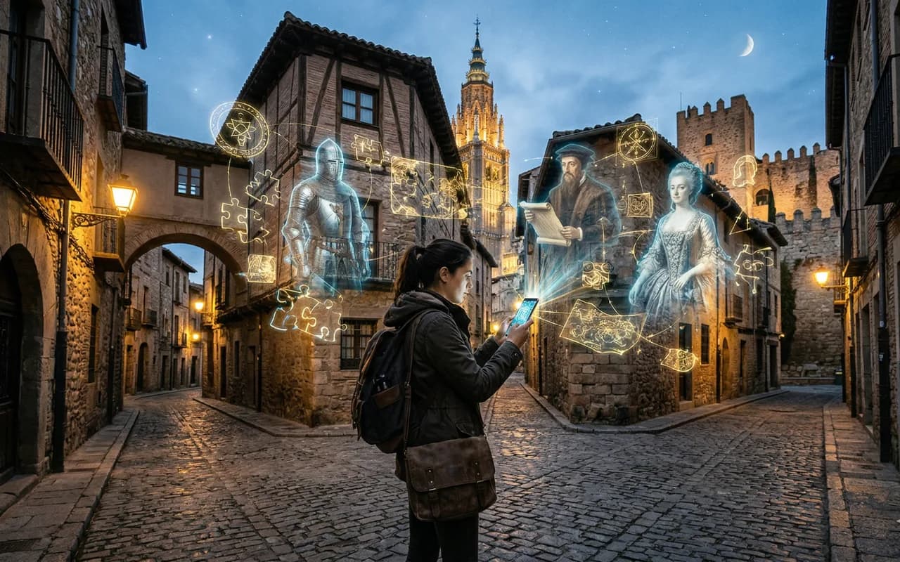 Touristes utilisant leur smartphone pour un escape game outdoor, le futur du tourisme