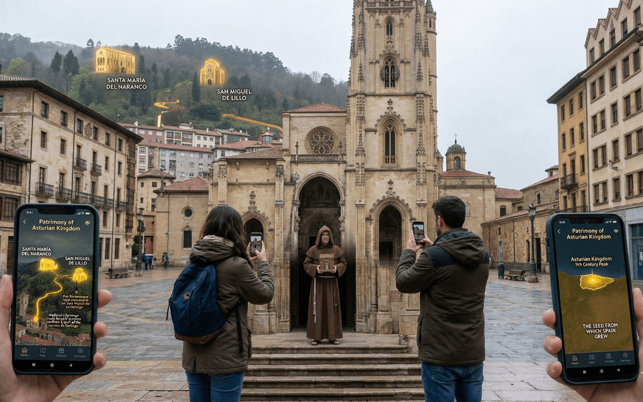 Groupe d'amis résolvant une énigme lors d'un escape game outdoor devant la Cathédrale d'Oviedo, Espagne, explorant le patrimoine historique.