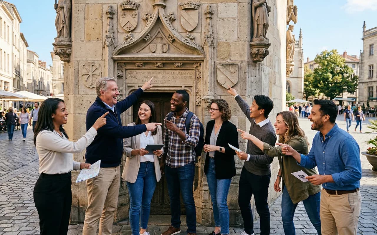 Équipe de collègues résolvant des énigmes lors d'un team building escape game outdoor