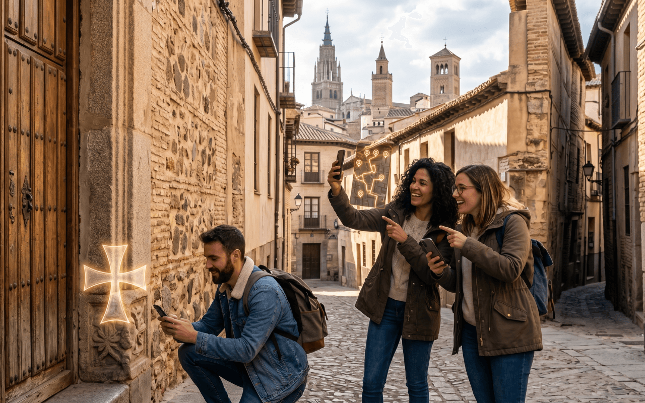 Amis explorant la vieille ville de Tolède lors d'un escape game outdoor sur les traces des Templiers, résolvant une énigme sur une place historique.
